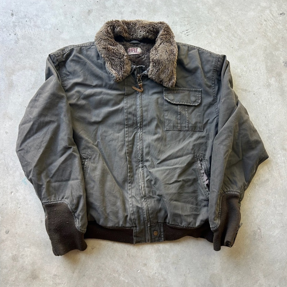 Rifle Brand Mens Canvas Work Jacket Faux Fur Collar Olive Green Bomber L/XL